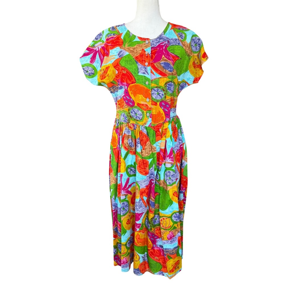 Sita Vintage Cotton Tropical Fruit Print Midi Dress Womens Medium Multi Color